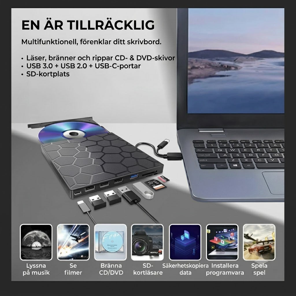 8-i-1 Extern CD/DVD-spelare & USB-hubb – Plug & Play