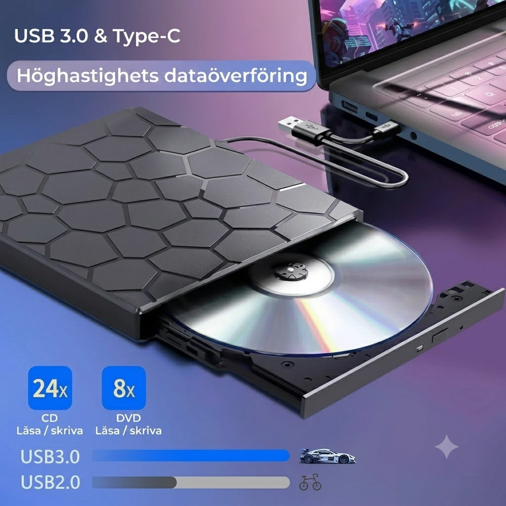 8-i-1 Extern CD/DVD-spelare & USB-hubb – Plug & Play