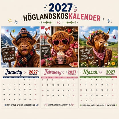 Rolig väggkalender 2027 med skotsk höglandsko A4