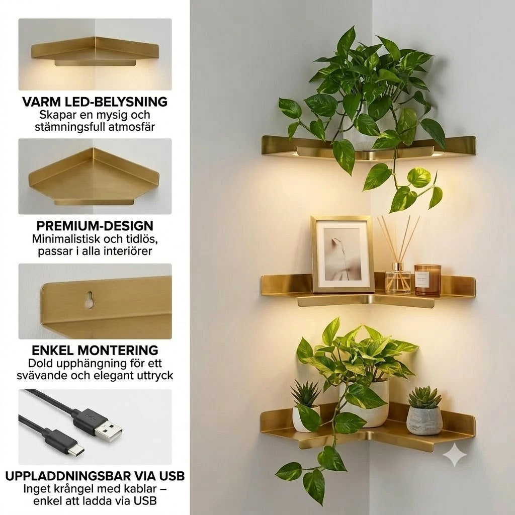 Belyst vägghylla