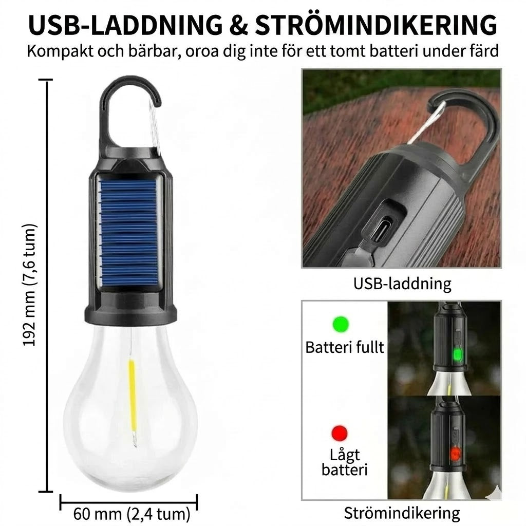 Solcellsdriven tältbelysning (USB-uppladdningsbar LED-campinglykta)