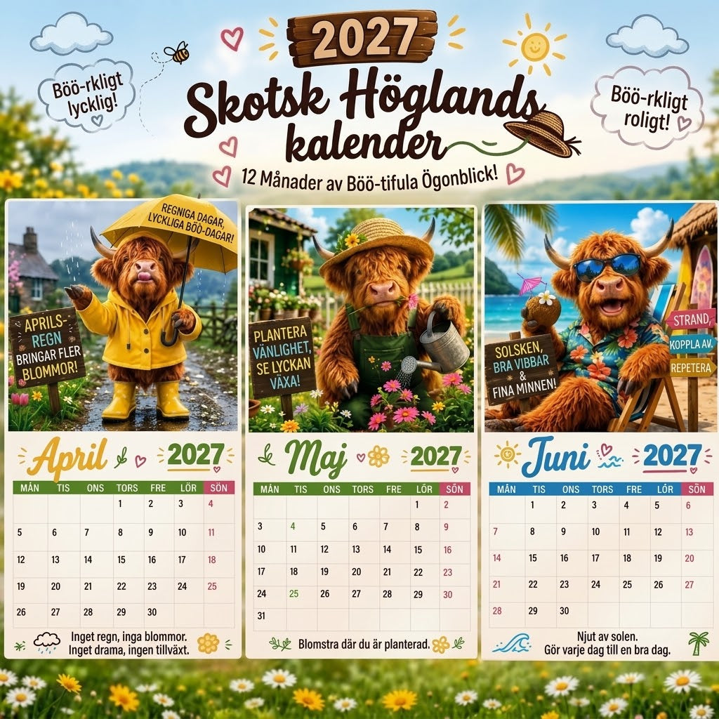 Rolig väggkalender 2027 med skotsk höglandsko A4