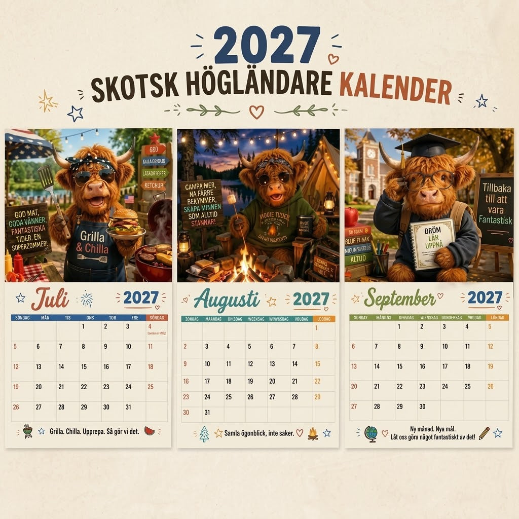Rolig väggkalender 2027 med skotsk höglandsko A4