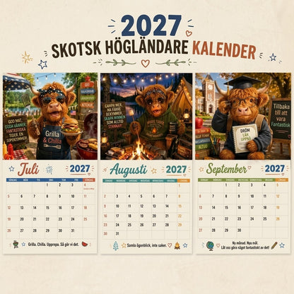 Rolig väggkalender 2027 med skotsk höglandsko A4