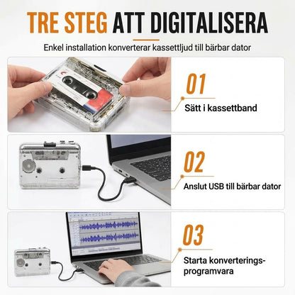 Transparent bärbar kassettspelare med USB-C och MP3-konvertering