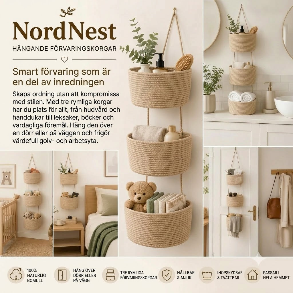NordNest hängande förvaringskorg i bomull med tre fack