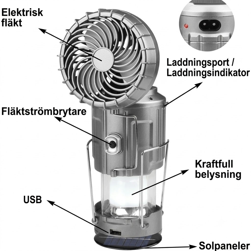 Solcellsdriven Campinglampa med Fläkt och Powerbank