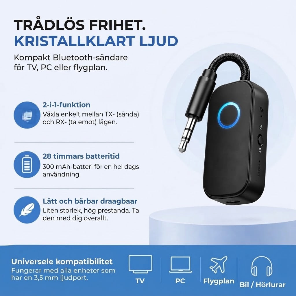 2 i 1 Bluetooth-ljudadapter med sändare och mottagare