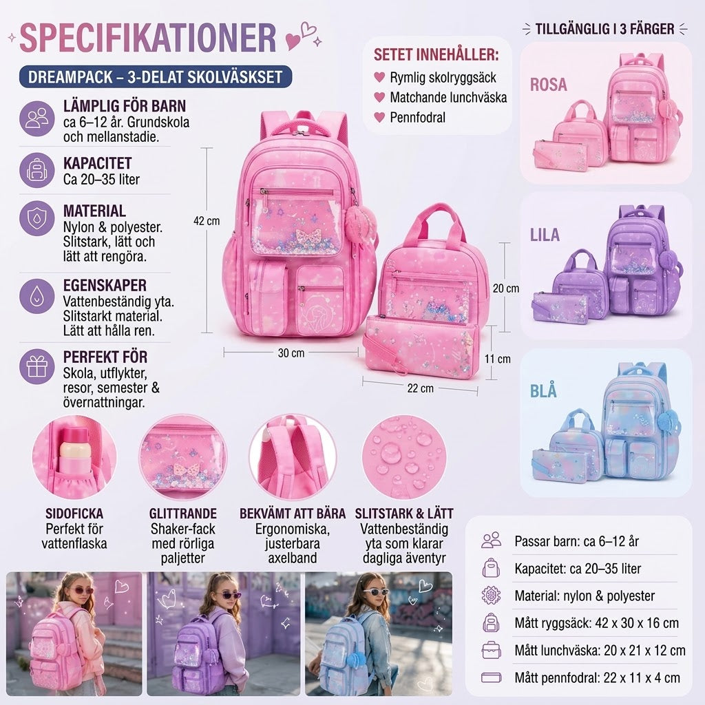 DreamPack 3-delat skolset med glittrande detaljer