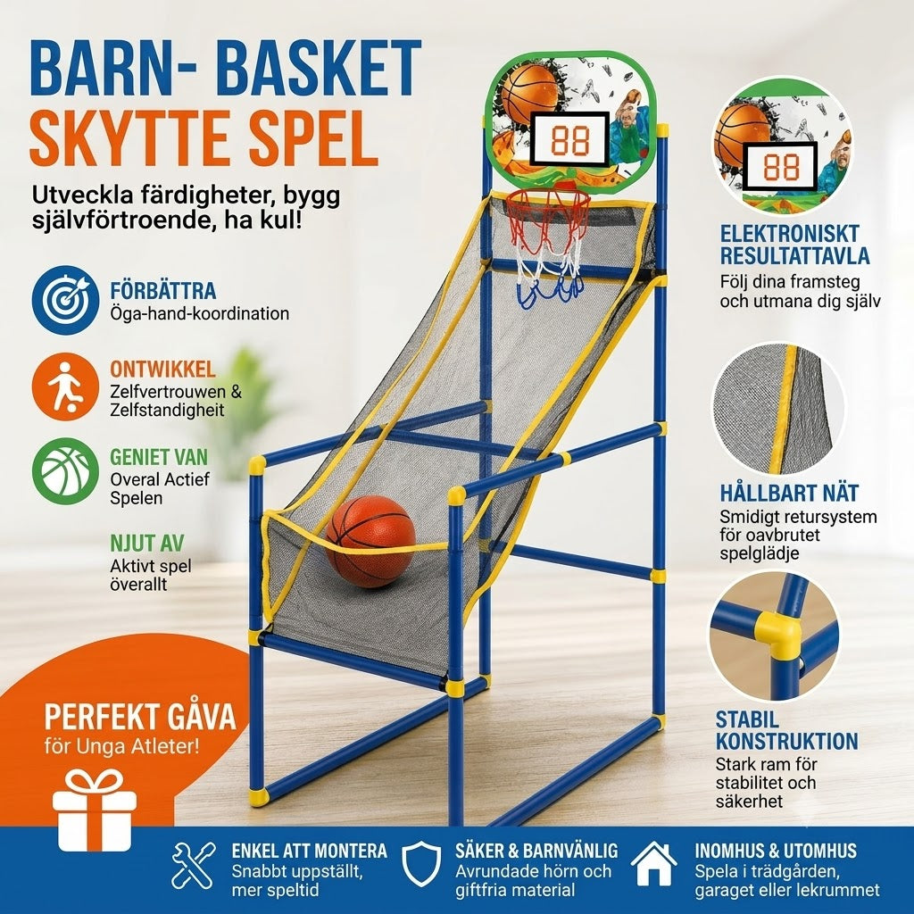 Basketset för Inomhusbruk med Fyra Bollar och Automatisk Bollretur