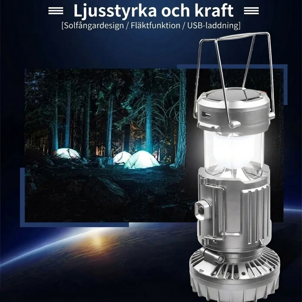 Solcellsdriven Campinglampa med Fläkt och Powerbank