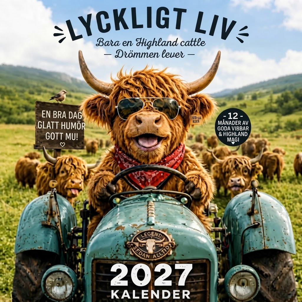 Rolig väggkalender 2027 med skotsk höglandsko A4