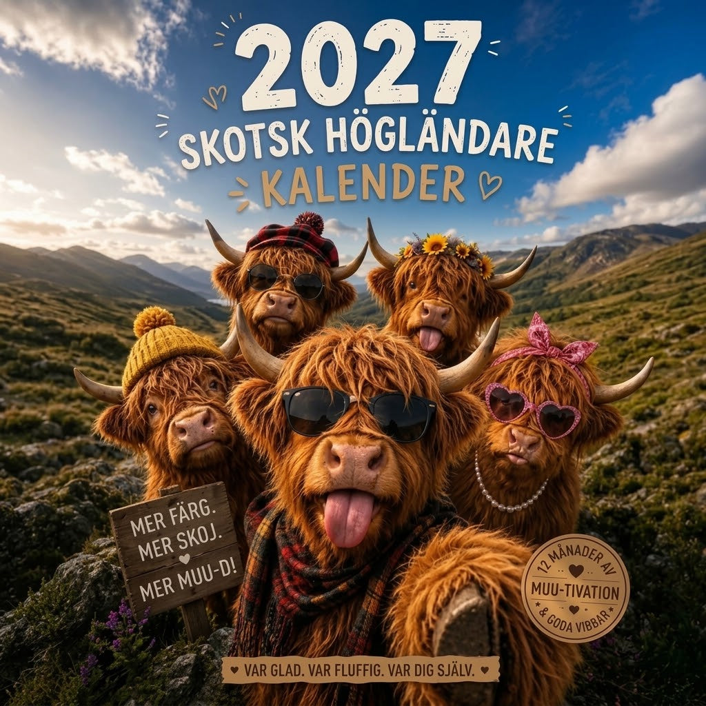 Rolig väggkalender 2027 med skotsk höglandsko A4