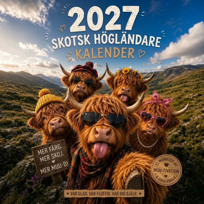 Rolig väggkalender 2027 med skotsk höglandsko A4