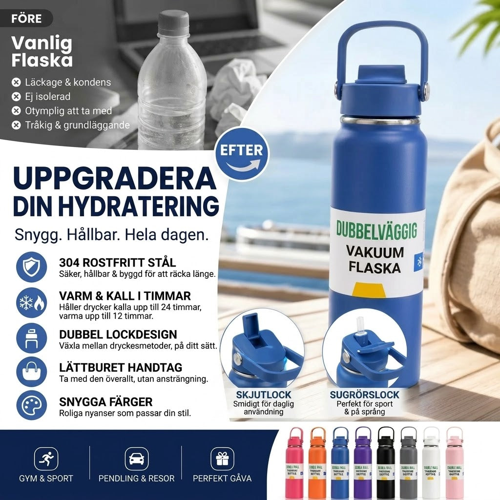 Vakuumisolerad Drickmugg i Rostfritt Stål med Läckagesäkert Lock och Sugrör