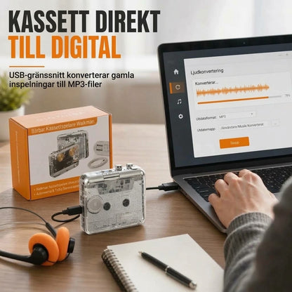 Transparent bärbar kassettspelare med USB-C och MP3-konvertering