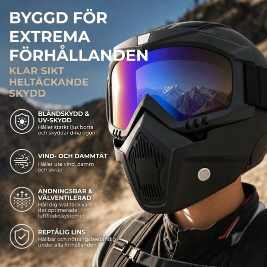 Helmask med reptåliga sportglasögon