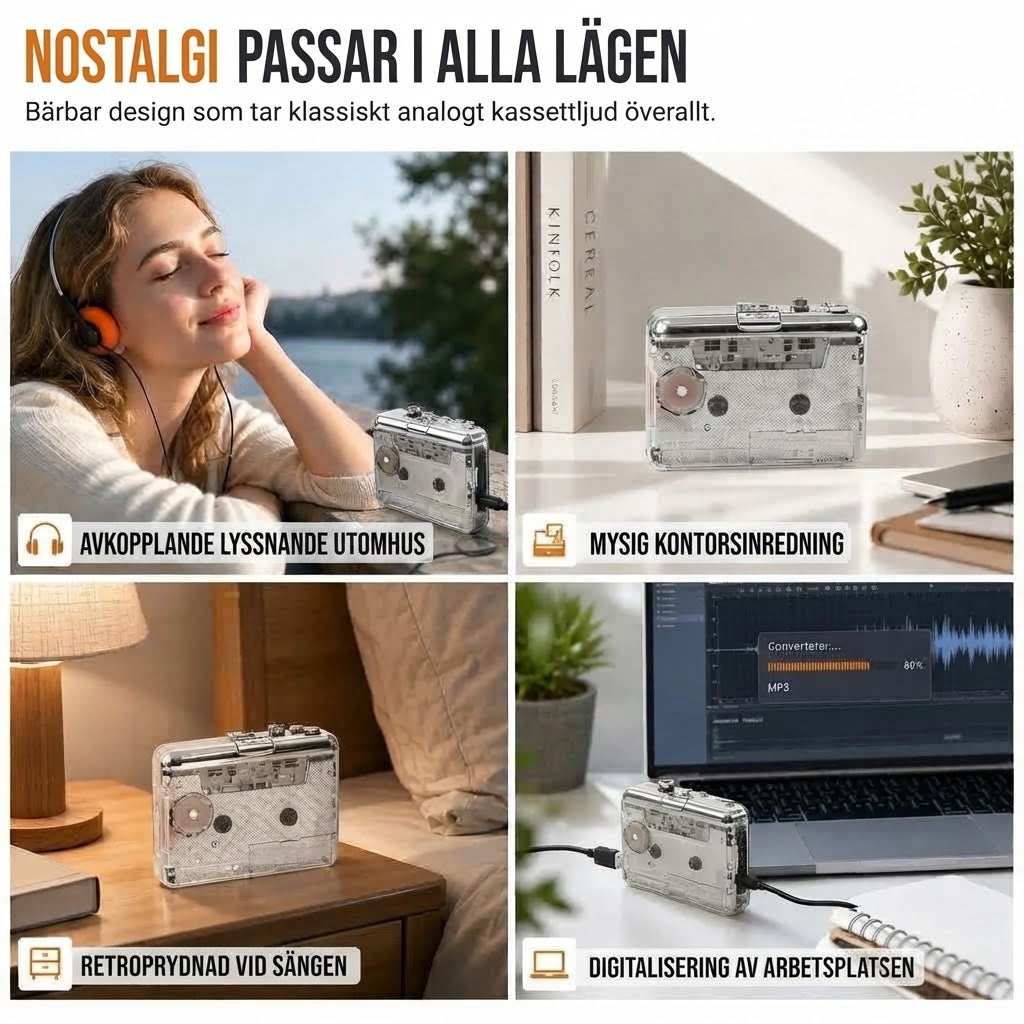 Transparent bärbar kassettspelare med USB-C och MP3-konvertering