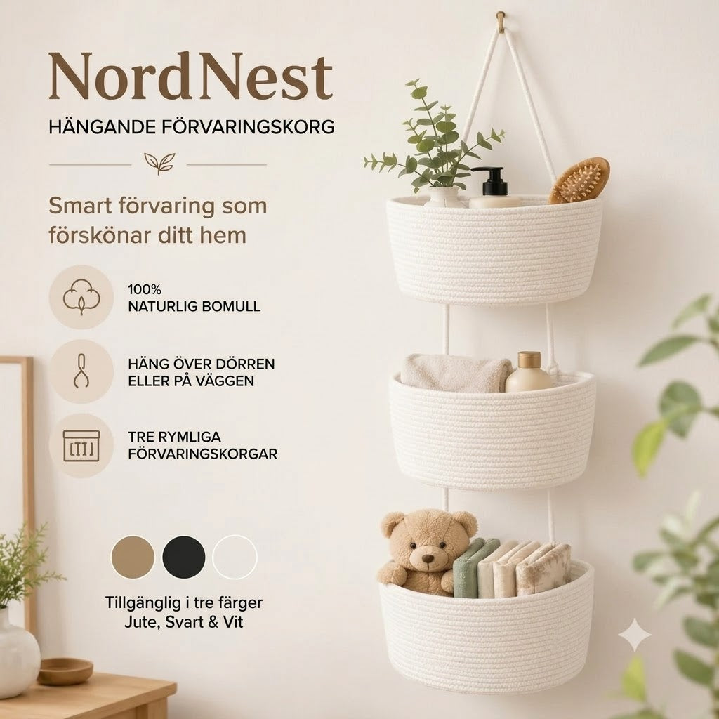 NordNest hängande förvaringskorg i bomull med tre fack