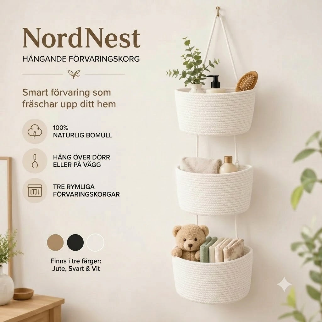 NordNest hängande förvaringskorg i bomull med tre fack