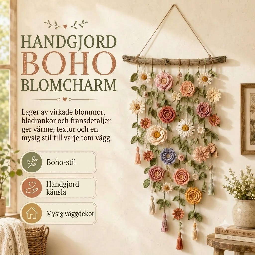 Väggdekoration med virkade blommor