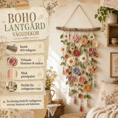 Väggdekoration med virkade blommor
