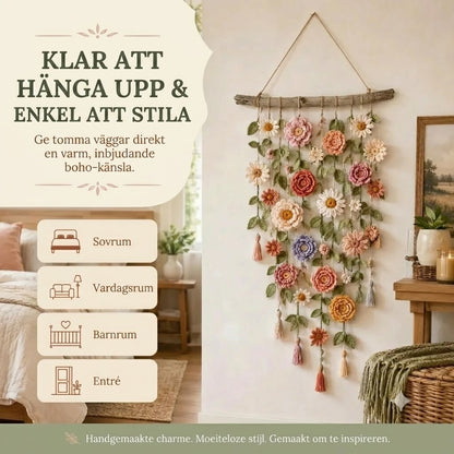 Väggdekoration med virkade blommor