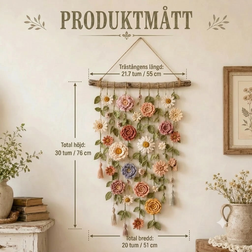 Väggdekoration med virkade blommor