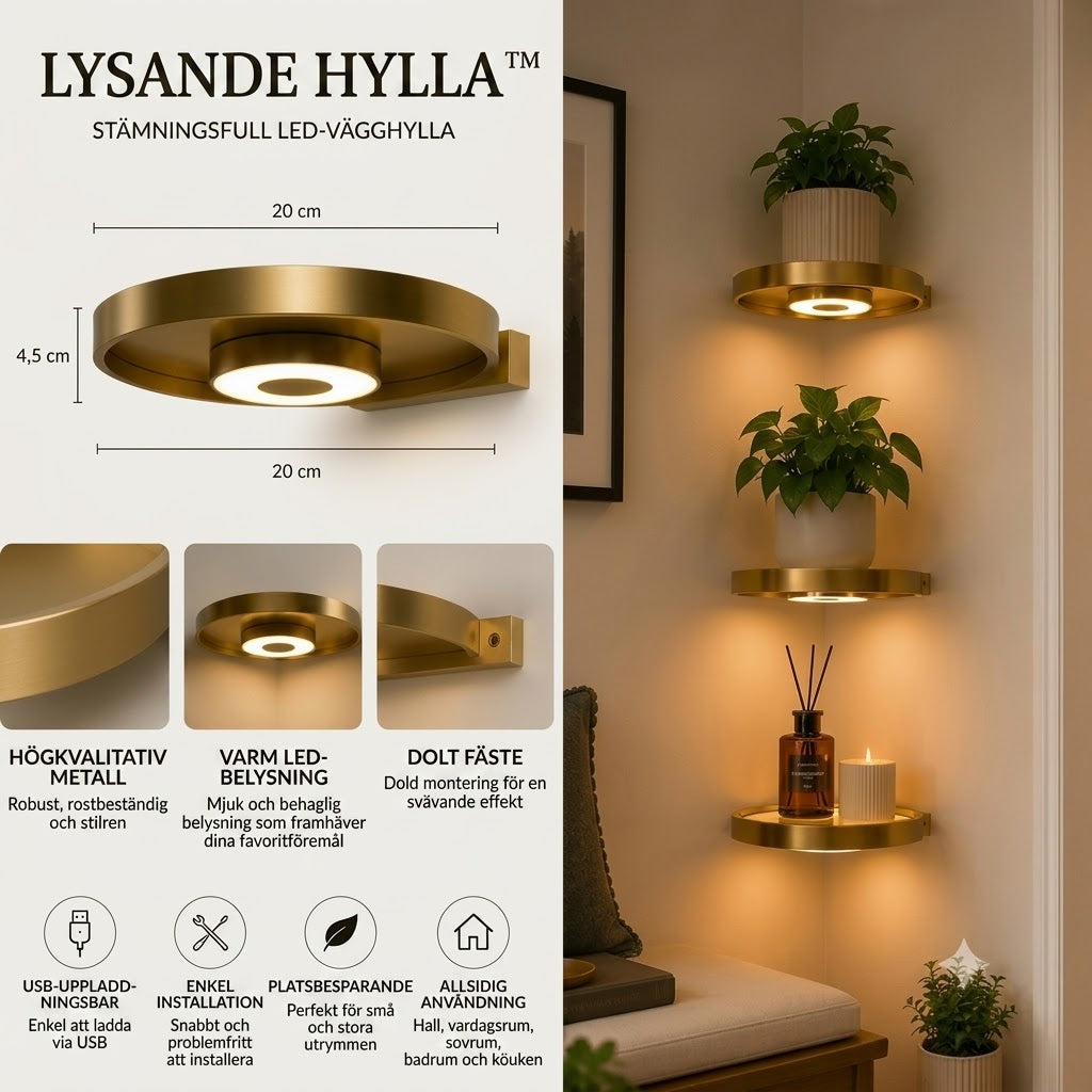 Belyst vägghylla