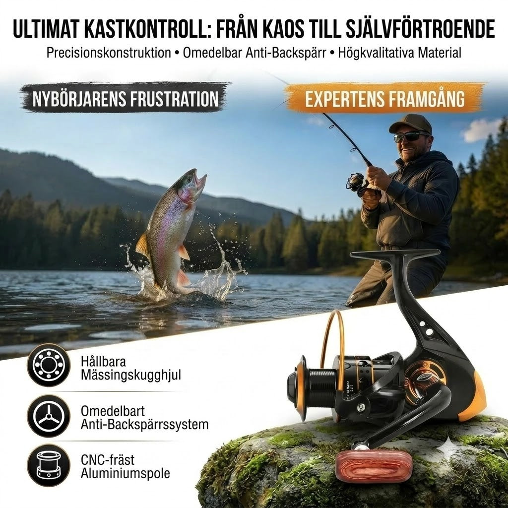 Fiskerulle med CNC-fräst Spole och Huvuddrev i Mässing