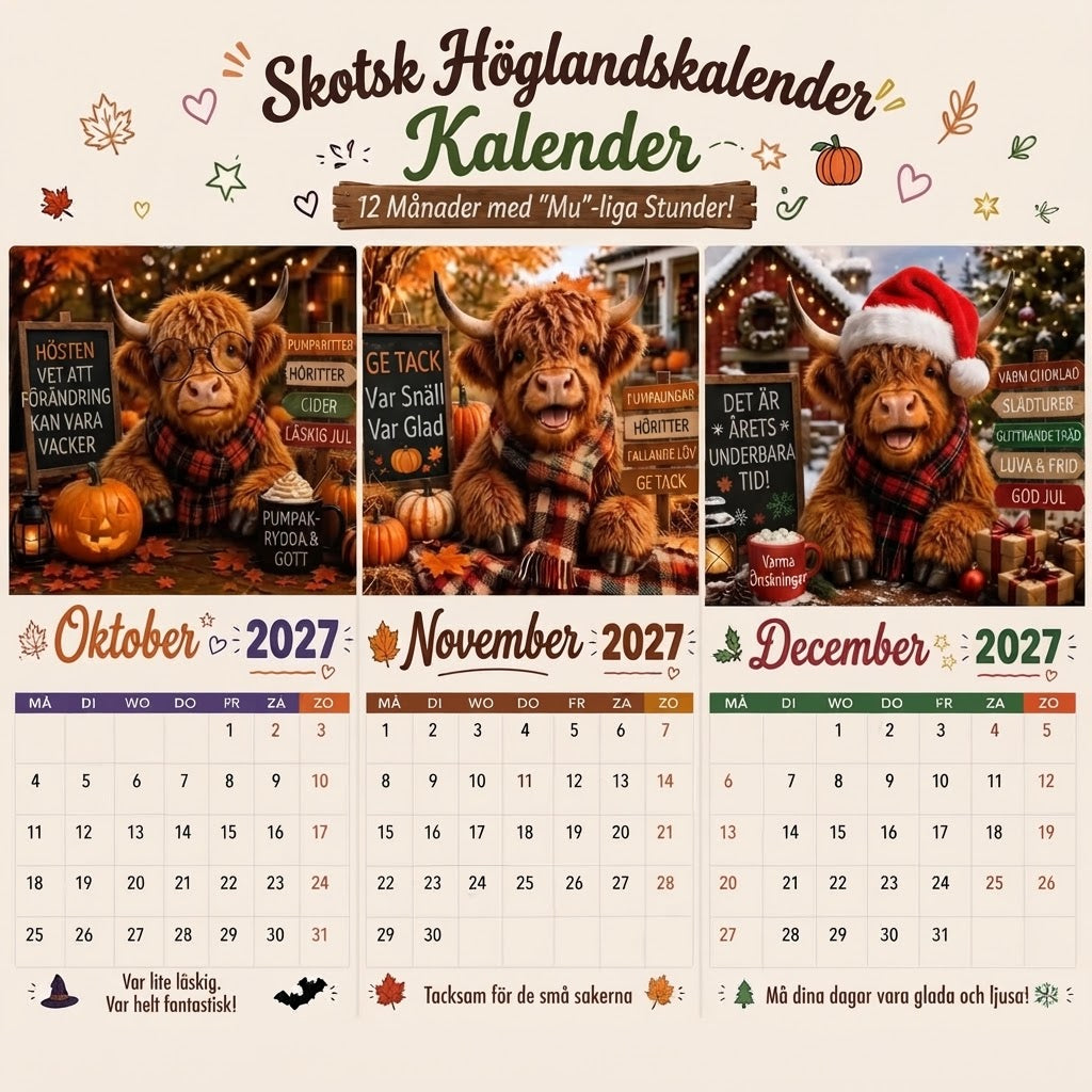 Rolig väggkalender 2027 med skotsk höglandsko A4