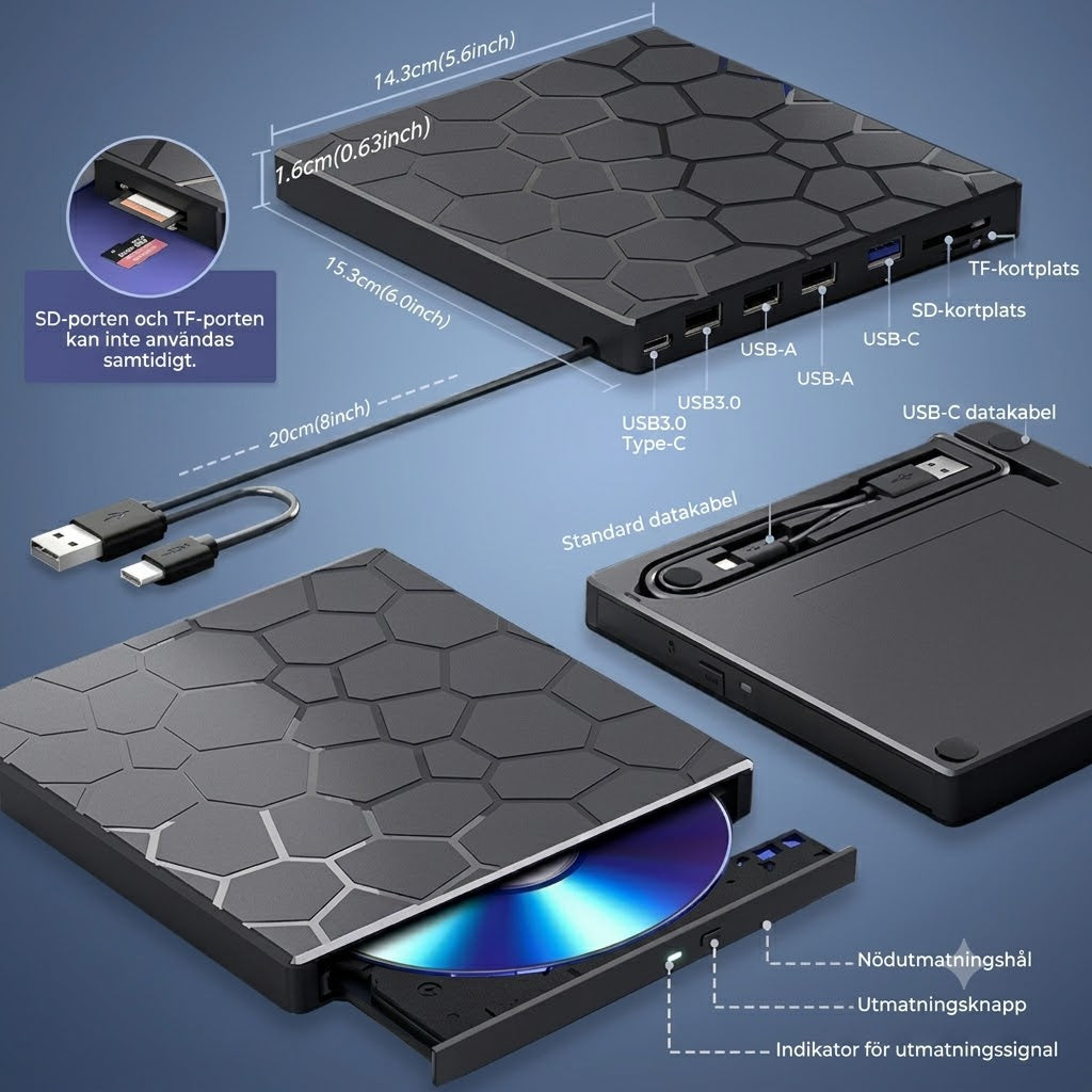 8-i-1 Extern CD/DVD-spelare & USB-hubb – Plug & Play