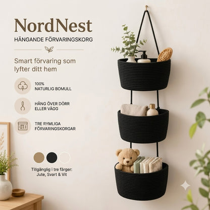 NordNest hängande förvaringskorg i bomull med tre fack