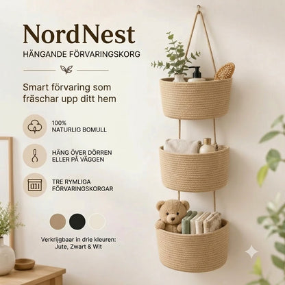 NordNest hängande förvaringskorg i bomull med tre fack