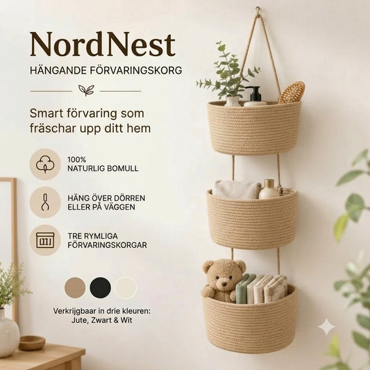 NordNest hängande förvaringskorg i bomull med tre fack