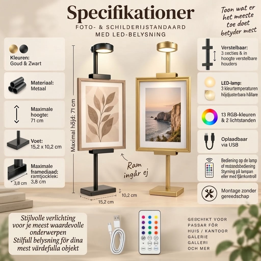 Tavelställ med LED-belysning för foto och målning