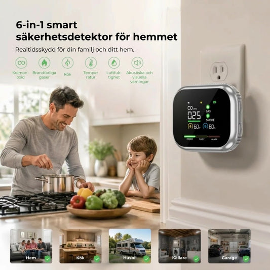 6 i 1 smart säkerhetsdetektor för kolmonoxid gas och rök