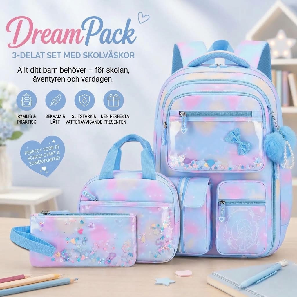 DreamPack 3-delat skolset med glittrande detaljer
