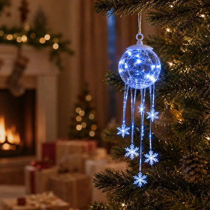 LED-julkula med hängande snöflingor