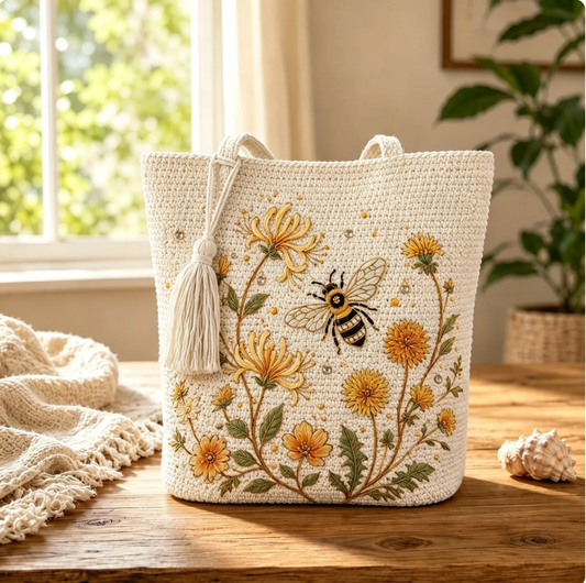 BeeBelle™ virkad tygväska med bin och blommor