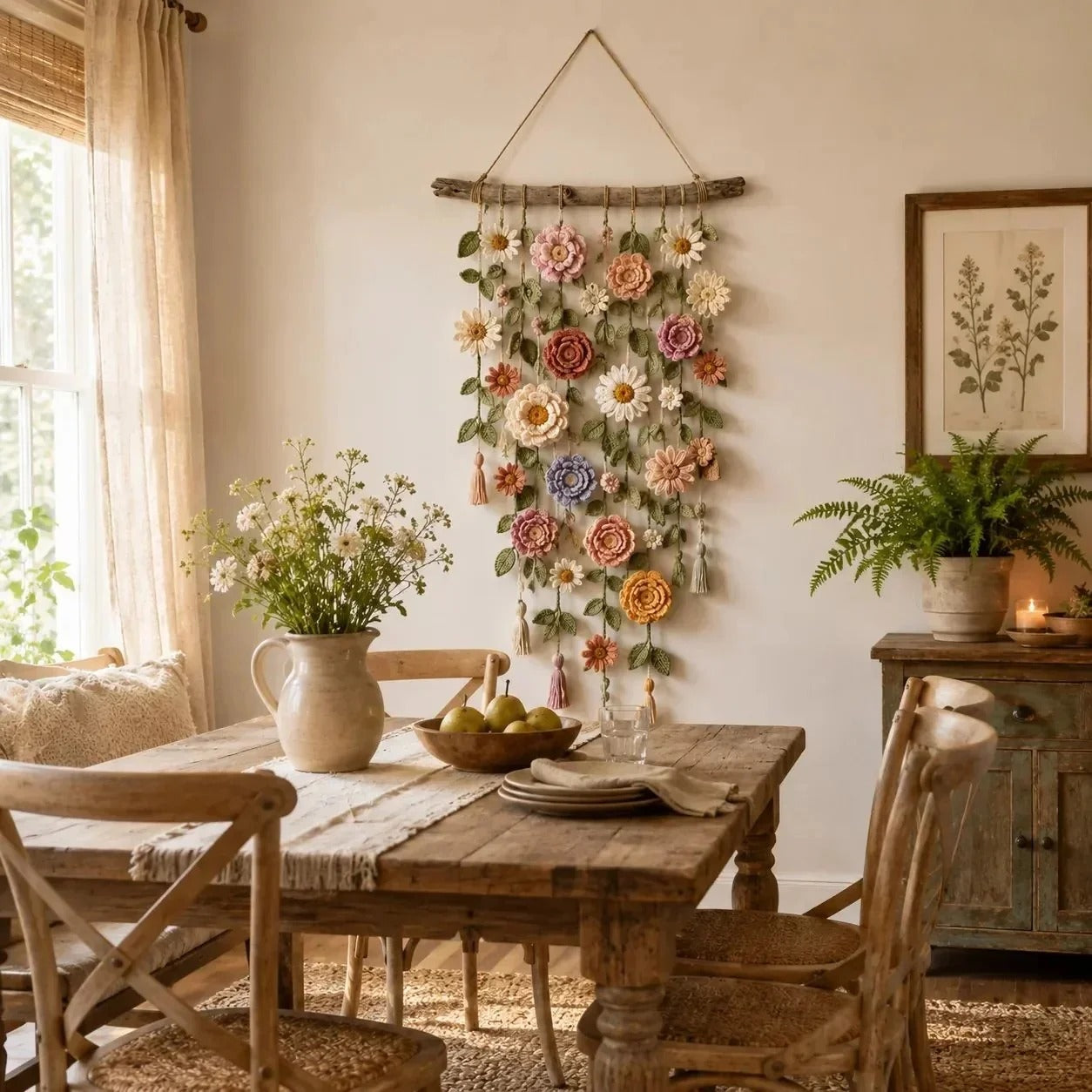 Väggdekoration med virkade blommor