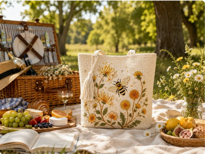 BeeBelle™ virkad tygväska med bin och blommor