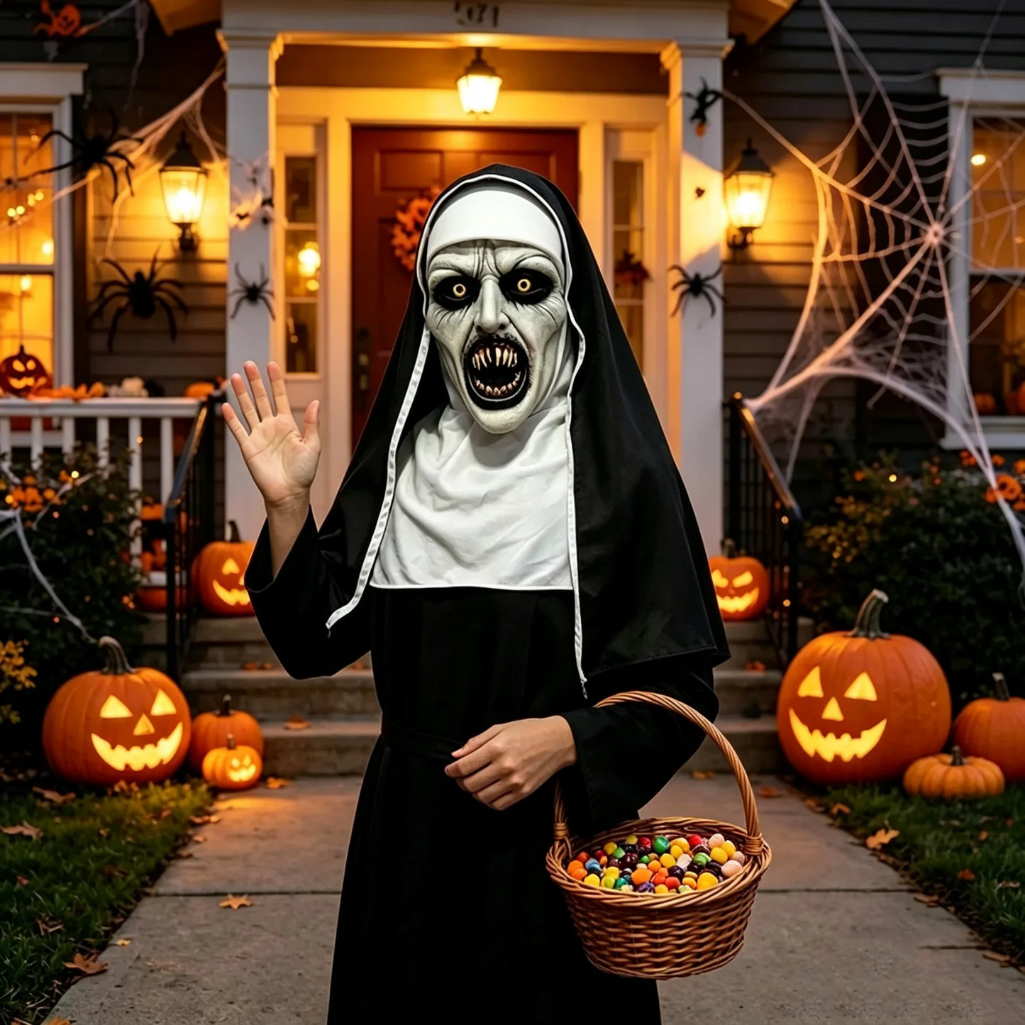 Skräckmask med nunna för Halloween