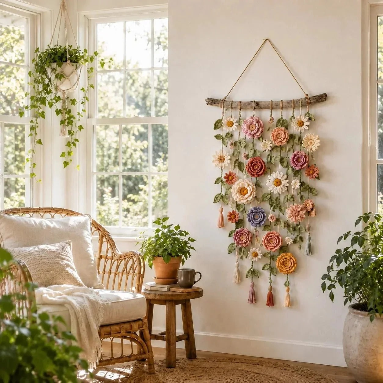 Väggdekoration med virkade blommor