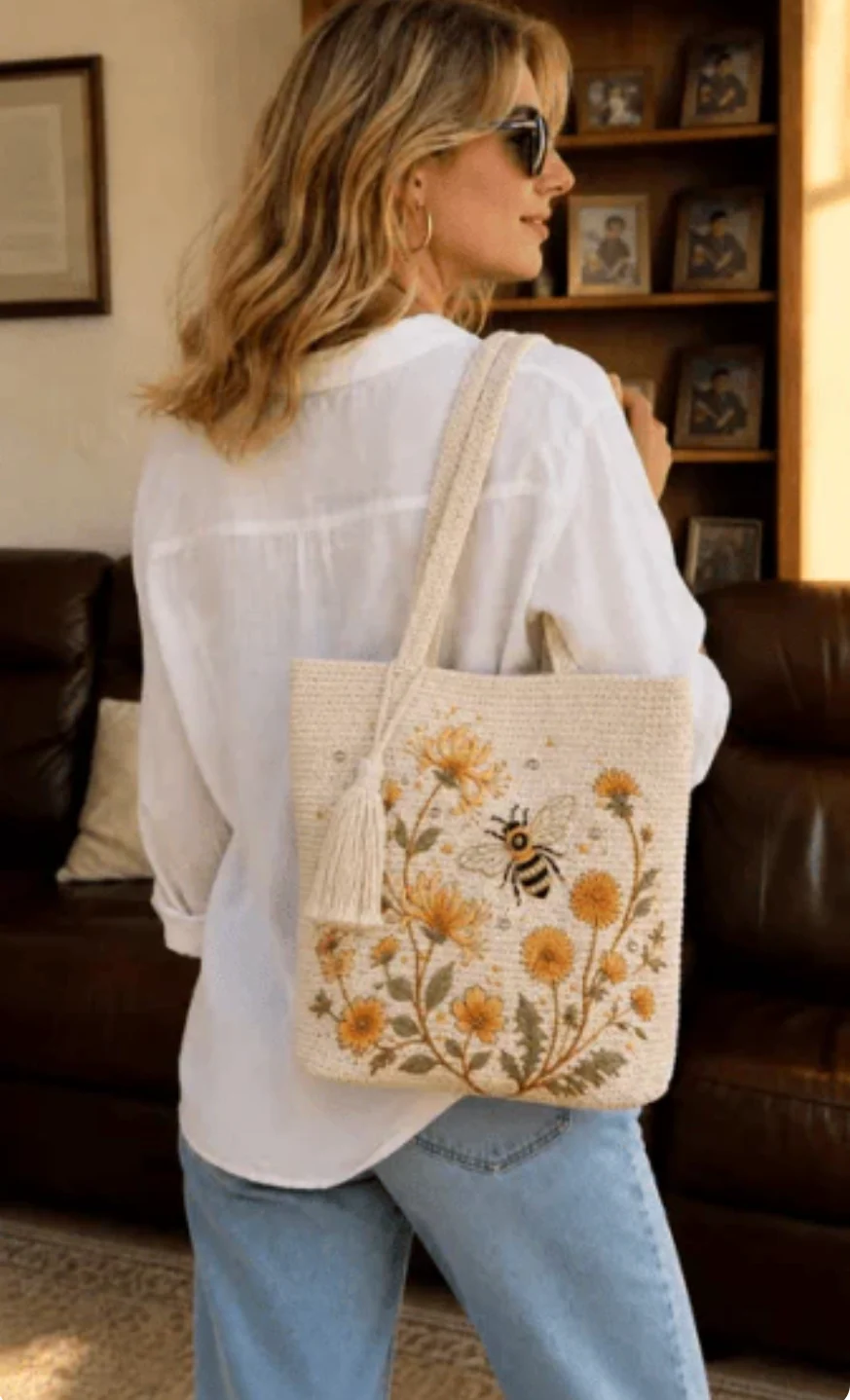 BeeBelle™ virkad tygväska med bin och blommor
