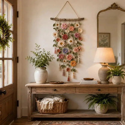 Väggdekoration med virkade blommor