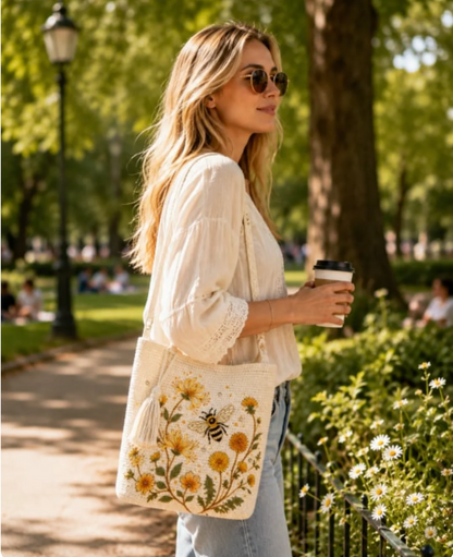 BeeBelle™ virkad tygväska med bin och blommor